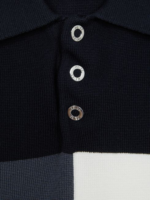 Reiss Navy Primo Senior Press Stud Colourblock Polo T-Shirt