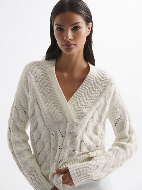 Reiss Ivory Claudine Cable Knit Shawl Neck Jumper