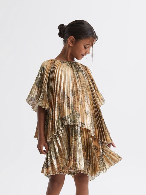 Reiss Gold Rhea Senior Metallic Pleated Tiered Dress