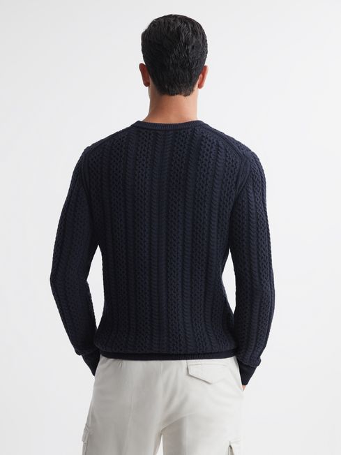 Slim Fit Wool-Cotton Cable Knit Jumper in Navy