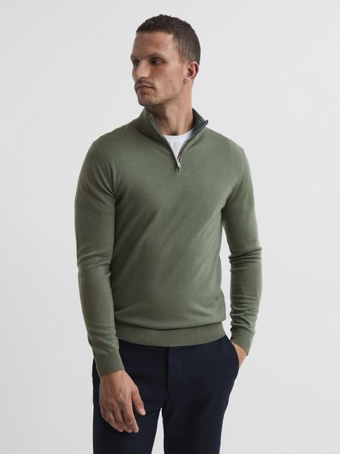 Merino Wool Half Zip Funnel Neck Jumper in Rosemary REISS Canada