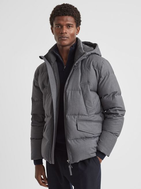Reiss Grey Ronic Quilted Short Hooded Coat