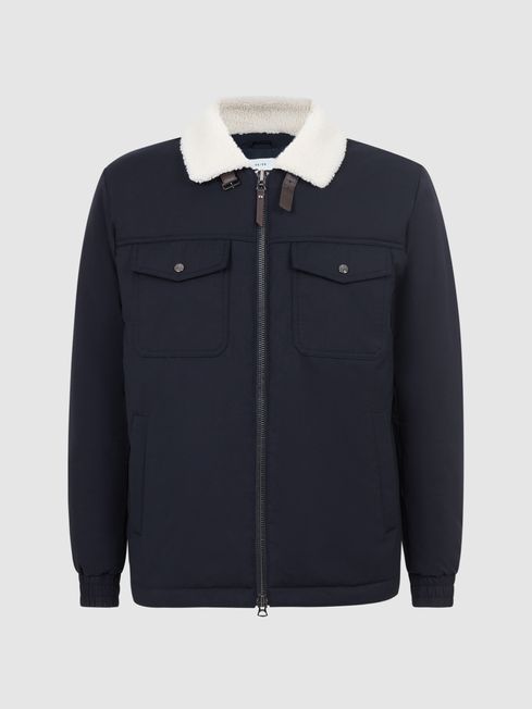 Reiss Navy Harvey Quilted Faux Shearling Collar Coat
