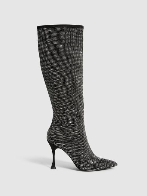 Reiss Black Clement Crystal Point Knee High Boots
