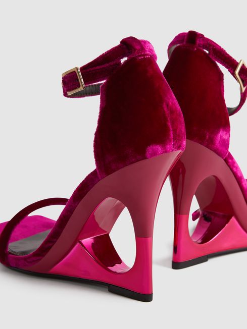 Reiss Pink Cora Velvet Strappy Wedge Heels