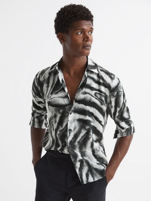 Reiss Black Rafe Long Sleeve Marble Print Shirt