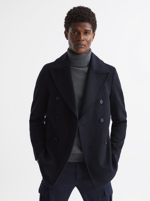 Reiss Navy Giovanni Double Breasted Wool-blend Peacoat