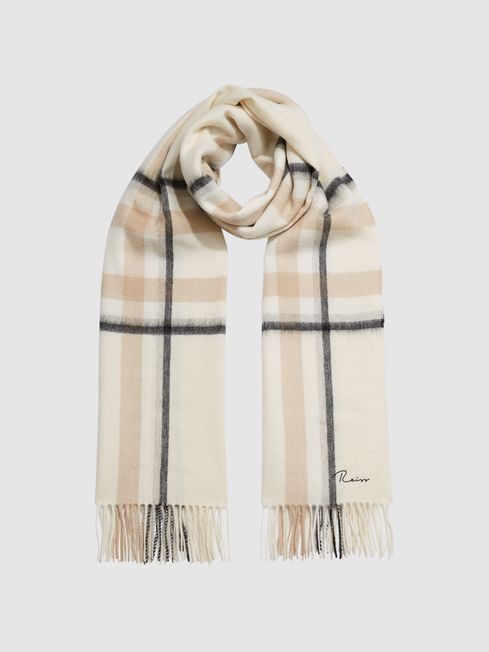 Reiss Neutral Calyn Cashmere Blend Checked Scarf