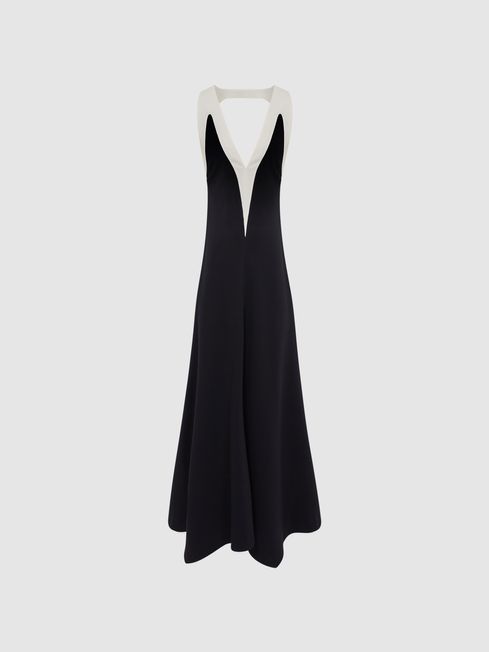 Reiss Black/White Autumn Colourblock V-Neck Midi Dress