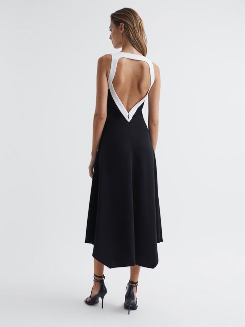 Reiss Black/White Autumn Colourblock V-Neck Midi Dress