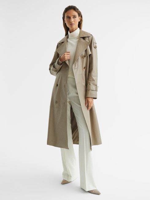 Reiss Taupe Maya Leather Trench Coat