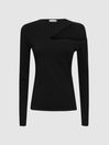 Reiss Black Lucille Fitted Cut-Out Long Sleeve Top