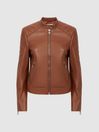 Reiss Tan Adelaide Leather Collarless Quilted Jacket