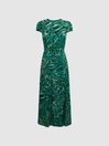 Reiss Green Livia Printed Cut Out Back Midi Dress