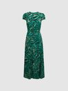 Reiss Green Livia Printed Cut Out Fitted Midi Dress