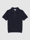 Reiss Navy Ubud Senior Half-Zip Textured Polo T-Shirt