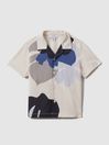 Reiss Grey/Blue Multi Parc Senior Mercerised Cotton Cuban Collar Shirt