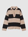 Reiss Black/Camel Abigail Striped Cotton Open-Collar T-Shirt