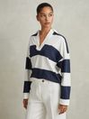 Reiss Navy/Ivory Abigail Striped Cotton Open-Collar T-Shirt