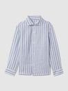 Reiss Soft Blue Herringbone Stripe Ruban Linen Button Through Striped Shirt