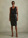 Reiss Black Raya Leather High Rise Midi Skirt