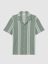 Reiss Sage/White Castle Ribbed Striped Cuban Collar Shirt