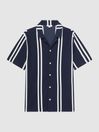 Reiss Navy/White Castle Slim Fit Ribbed Cuban Collar Shirt