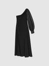 Reiss Black Maeve One-Shoulder Blouson Sleeve Midi Dress