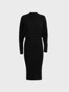Reiss Black Freya Petite Wool Blend Ruched Sleeve Midi Dress