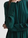 Reiss Green Phoenix Pleated Long Sleeve Midi Dress