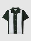 Reiss Green/Ecru Skade Teen Cotton Cuban Collar Bowling Shirt