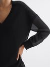 Reiss Black Shelly Hybrid Knit and Sheer V-Neck Jumper
