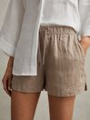 Reiss Mink Neutral Cleo Linen Garment Dyed Drawstring Shorts