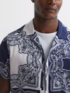 Reiss Blue/White Loxley Printed Cuban Collar Button Through T-Shirt