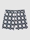 Reiss White/Navy Chain Print Drawstring Swim Shorts