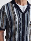 Reiss Navy Gibbon Cuban Collar Striped Button-Through Shirt