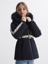 Reiss Navy Cara Senior Quilted Faux Fur Hooded Coat