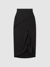 Reiss Black Zaria High Rise Draped Midi Skirt