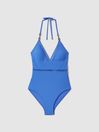 Reiss Light Blue Rita Lattice Halter Neck Swimsuit