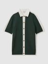 Reiss Green/Optic White Misto Cotton Blend Open Stitch Shirt