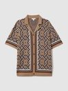 Reiss Camel Multi Hyde Knitted Cuban Collar Shirt