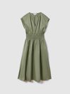 Reiss Green Lena Cotton Ruched Waist Midi Dress