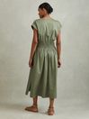 Reiss Green Lena Cotton Ruched Waist Midi Dress