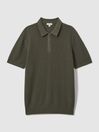 Reiss Dark Sage Burnham Cotton Blend Textured Half Zip Polo Shirt