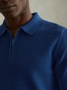 Reiss Bright Blue Burnham Cotton Blend Textured Half Zip Polo Shirt