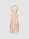 Reiss Pink/Yellow Livia Floral Cut-Out Back Midi Dress