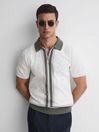 Reiss Ecru London Slim Fit Cotton Knitted Half-Zip Polo T-Shirt
