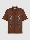 Reiss Tobacco Script Embroidered Cuban Collar Button Through T-Shirt