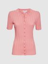 Reiss Pink Stella Fitted Striped Button Through T-Shirt
