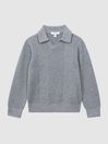 Reiss Soft Grey Melange Malik Senior Knitted Open-Collar Top